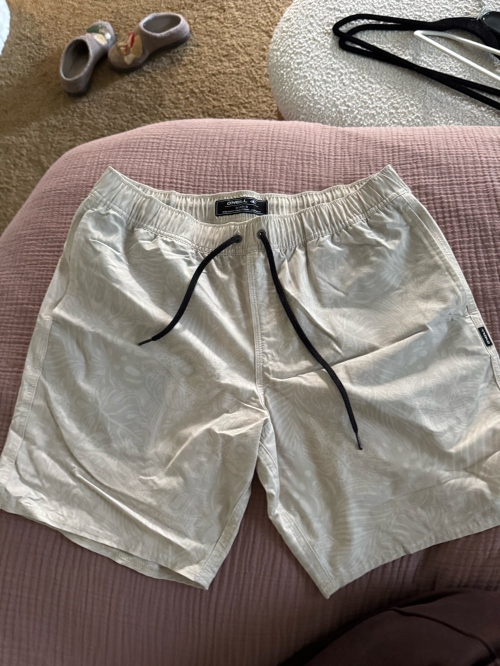 O'Neill Men's Light Beige Patterned Swim Trunks with Black Drawstring